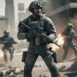 A Call of Duty scene eight years into the future showcasing new-age weapons, advanced soldier gear, and a technologically advanced warzone.