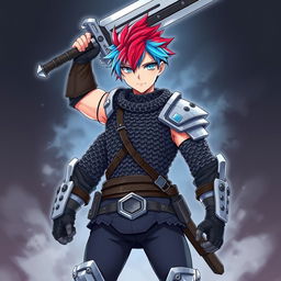 An androgynous human fighter with striking short hair that features a vibrant blend of fire red and ice blue