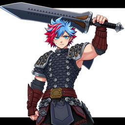 An androgynous human fighter with striking short hair that features a vibrant blend of fire red and ice blue