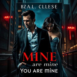 A striking book cover in the dark romance genre, showcasing a wealthy, dominant man and a defenseless woman within a thrilling nighttime urban setting