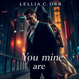 A striking book cover in the dark romance genre, showcasing a wealthy, dominant man and a defenseless woman within a thrilling nighttime urban setting