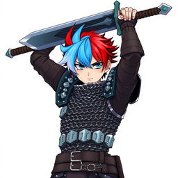 An androgynous human fighter with striking short hair featuring a vibrant combination of fire red and ice blue