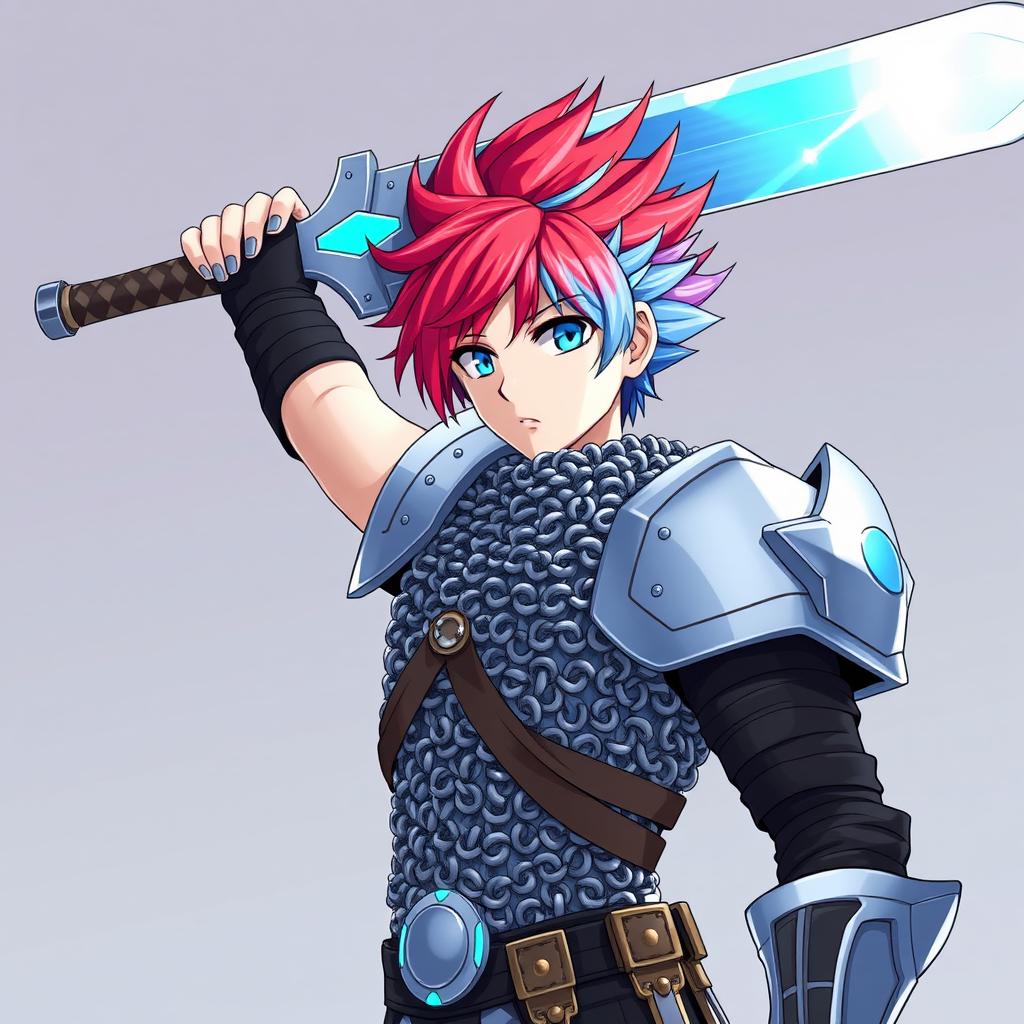 An androgynous human fighter with striking short hair featuring a vibrant combination of fire red and ice blue