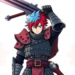 An androgynous human fighter with striking short hair featuring a vibrant combination of fire red and ice blue