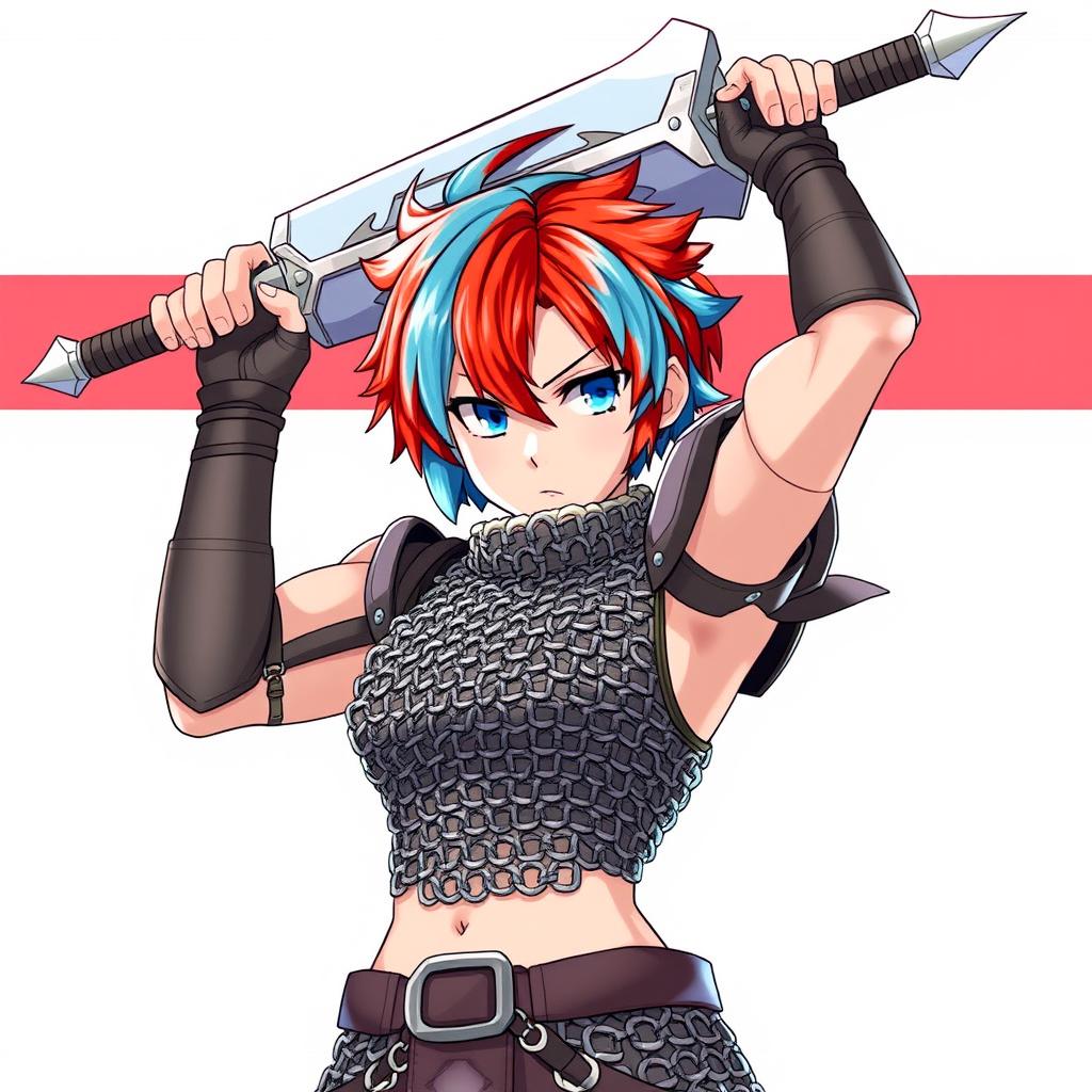 An androgynous human fighter with striking short hair that features a captivating blend of fire red and ice blue