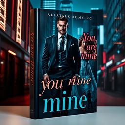 A captivating book cover in the dark romance genre, depicting a wealthy, dominant man and a defenseless woman against a backdrop of a sinister night-time city