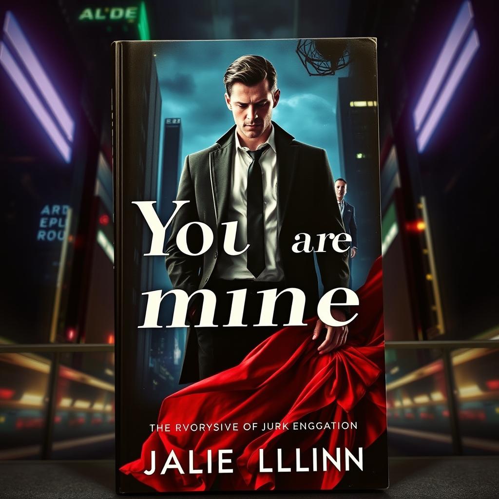 A captivating book cover in the dark romance genre, depicting a wealthy, dominant man and a defenseless woman against a backdrop of a sinister night-time city