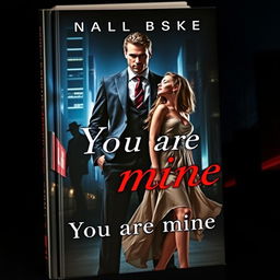 A captivating book cover in the dark romance genre, depicting a wealthy, dominant man and a defenseless woman against a backdrop of a sinister night-time city