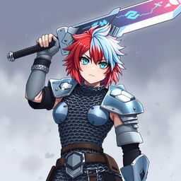 An androgynous human fighter with short hair that features a striking mix of fire red and ice blue