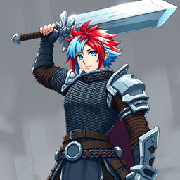 An androgynous human fighter with short hair that features a striking mix of fire red and ice blue