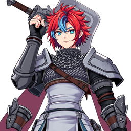 An androgynous human fighter with short hair that features a striking mix of fire red and ice blue