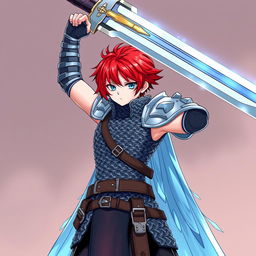 An androgynous human fighter with short hair that showcases a striking mix of fire red and ice blue