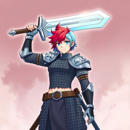 An androgynous human fighter with short hair that showcases a striking mix of fire red and ice blue