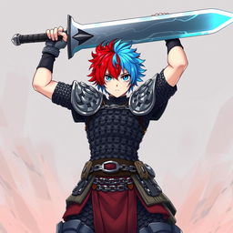 An androgynous human fighter exhibiting short hair that displays a striking gradient of fire red and ice blue