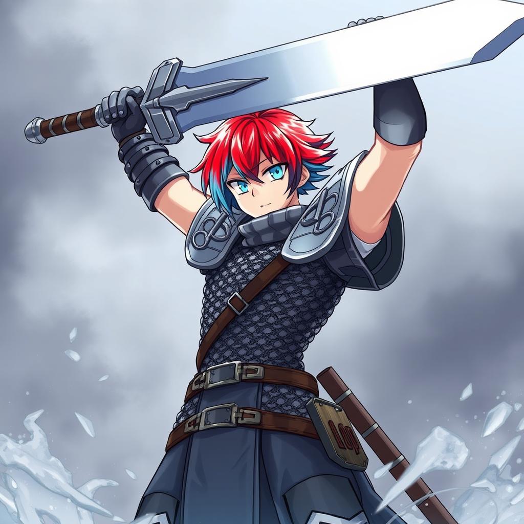 An androgynous human fighter exhibiting short hair that displays a striking gradient of fire red and ice blue