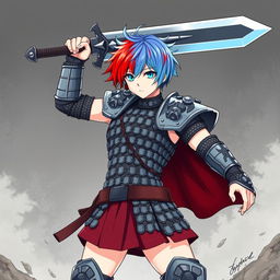 An androgynous human fighter exhibiting short hair that displays a striking gradient of fire red and ice blue