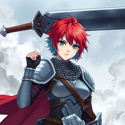 An androgynous human fighter stands confidently, brandishing an enormous buster sword overhead