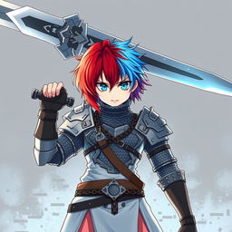 An androgynous human fighter stands confidently, brandishing an enormous buster sword overhead