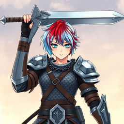 An androgynous human fighter stands confidently, brandishing an enormous buster sword overhead