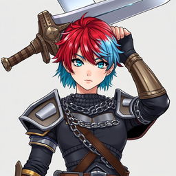 An androgynous human fighter stands confidently, brandishing an enormous buster sword overhead