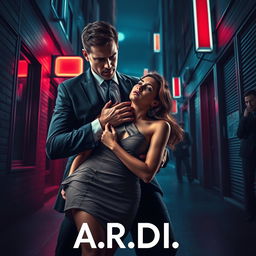 An intense book cover in the dark romance genre, showcasing a wealthy, dominant man gripping a defenseless woman by the neck in a threatening manner, set within a shadowy urban environment at night