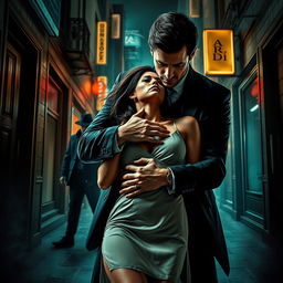 An intense book cover in the dark romance genre, showcasing a wealthy, dominant man gripping a defenseless woman by the neck in a threatening manner, set within a shadowy urban environment at night