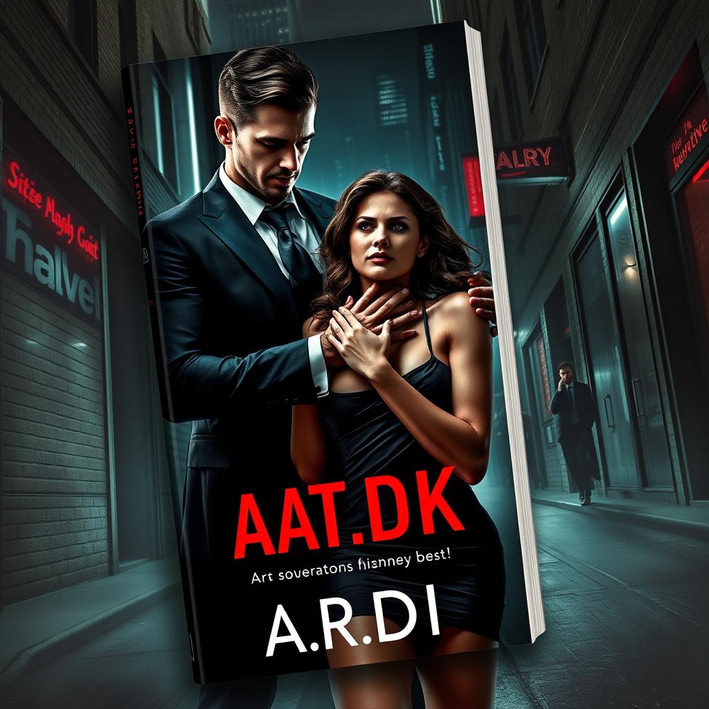 An intense book cover in the dark romance genre, showcasing a wealthy, dominant man gripping a defenseless woman by the neck in a threatening manner, set within a shadowy urban environment at night