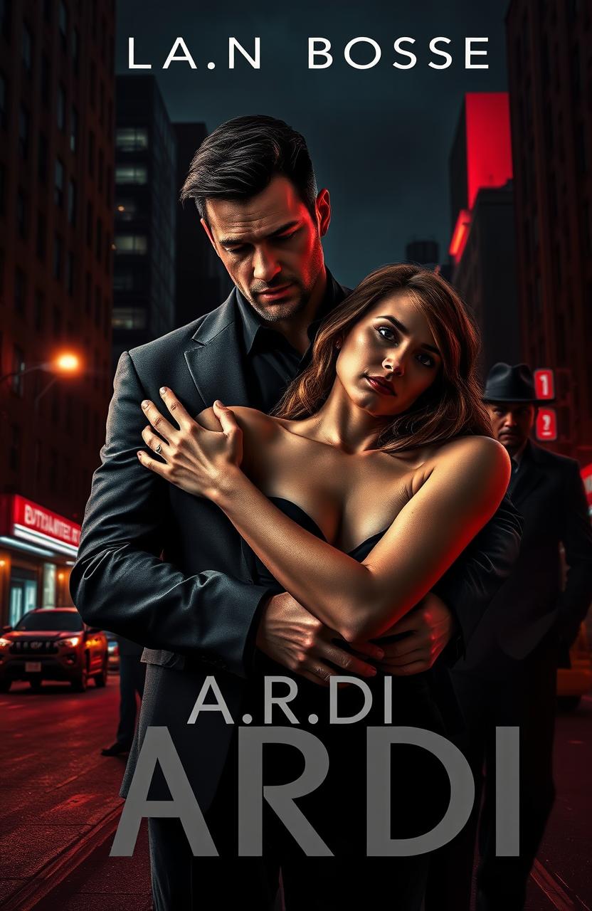 A dark romance book cover featuring a wealthy, dominant man and a vulnerable woman in a nighttime city setting