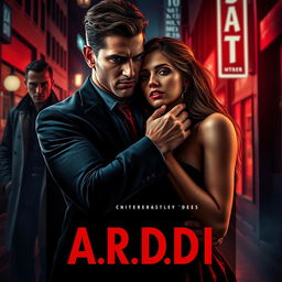 A dark romance book cover with a wealthy, dominant man and a vulnerable woman, set in a suspenseful nighttime city atmosphere