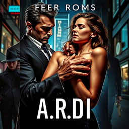 A dark romance book cover with a wealthy, dominant man and a vulnerable woman, set in a suspenseful nighttime city atmosphere