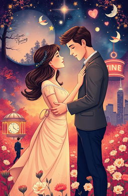 A whimsical and romantic narrative illustration depicting a love story that transcends time