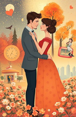 A whimsical and romantic narrative illustration depicting a love story that transcends time