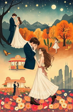 A whimsical and romantic narrative illustration depicting a love story that transcends time