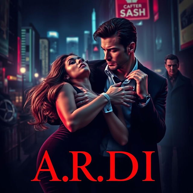 A captivating dark romance book cover that depicts a wealthy, dominant man holding a defenseless woman by the neck, set against a shadowy nighttime cityscape