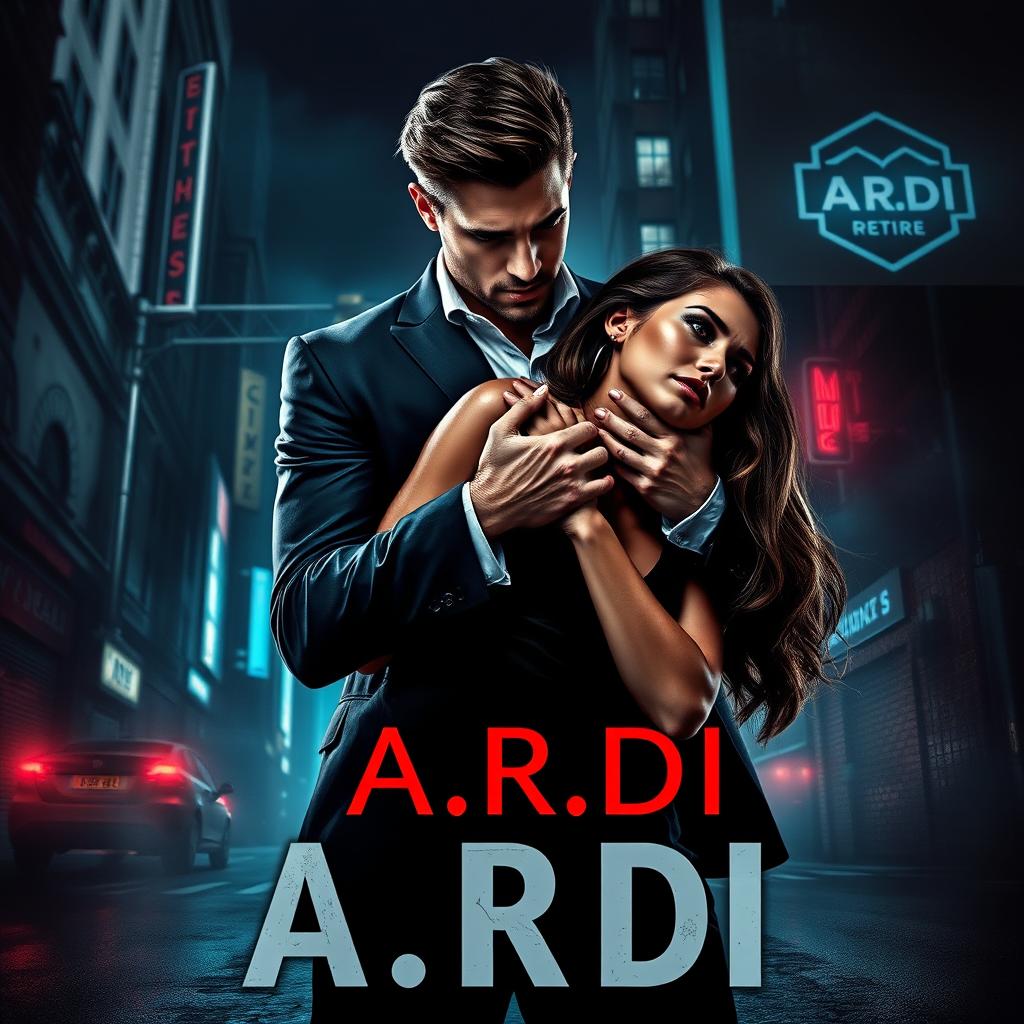 A captivating dark romance book cover that depicts a wealthy, dominant man holding a defenseless woman by the neck, set against a shadowy nighttime cityscape