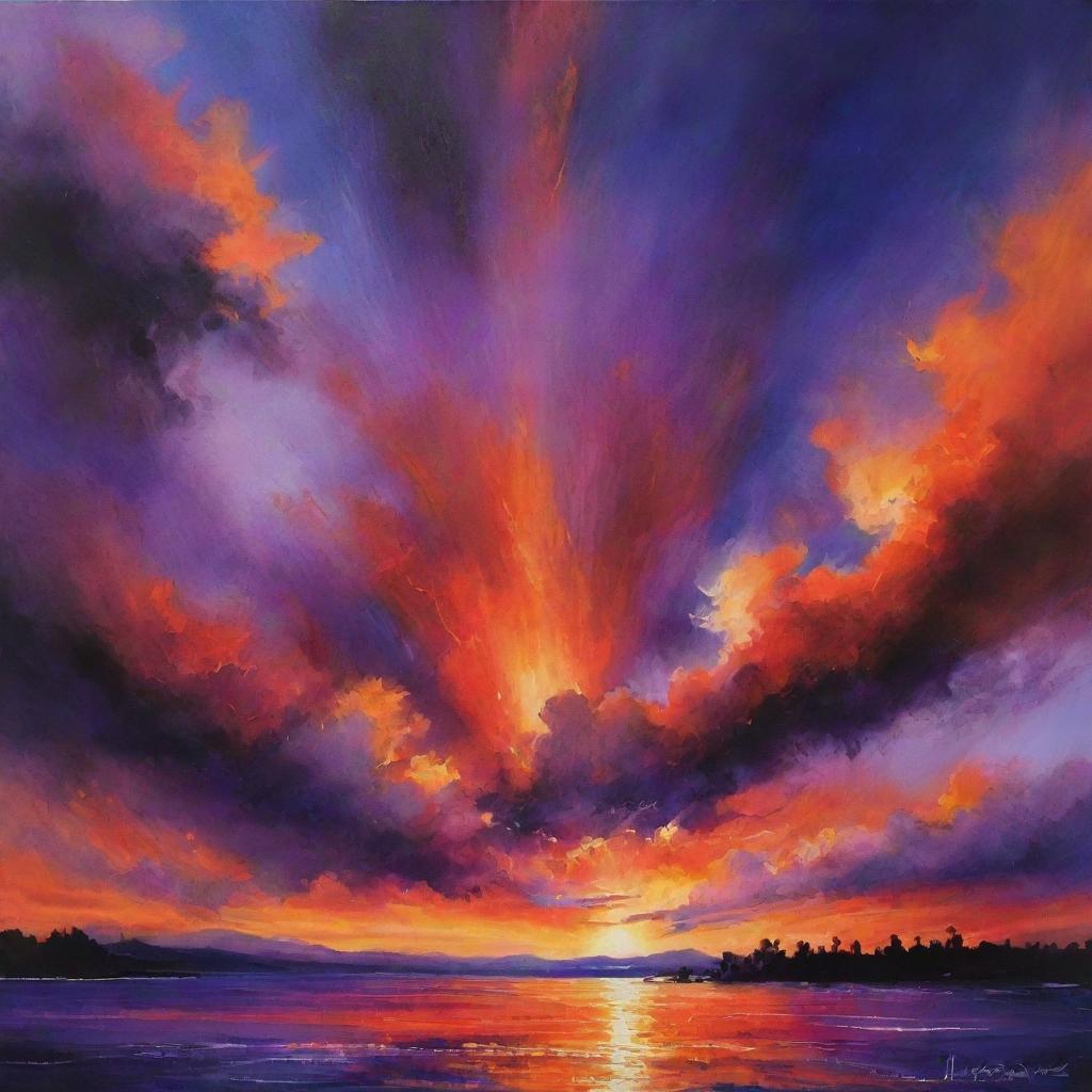 A vibrant painting of a sky drenched in deep shades of orange and purple, making a breathtaking display of the evening sky.