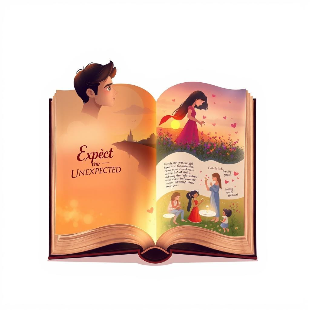 A creative and intricate illustration depicting a 'book inside a book inside a book' concept for a love story titled 'Expect the Unexpected' by Hemanth