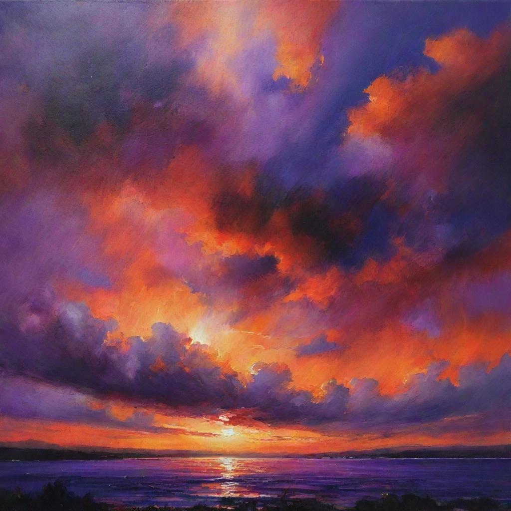 A vibrant painting of a sky drenched in deep shades of orange and purple, making a breathtaking display of the evening sky.