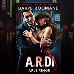 An engaging dark romance book cover that showcases a wealthy, dominant man gripping a defenseless woman by the neck amidst a thrilling nighttime cityscape