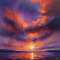 A vibrant painting of a sky drenched in deep shades of orange and purple, making a breathtaking display of the evening sky.