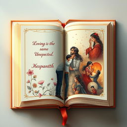 An artistic and intricate design portraying a 'book cover inside a book cover inside a book cover' for a love story titled 'Expect the Unexpected' by Hemanth