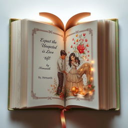 An artistic and intricate design portraying a 'book cover inside a book cover inside a book cover' for a love story titled 'Expect the Unexpected' by Hemanth