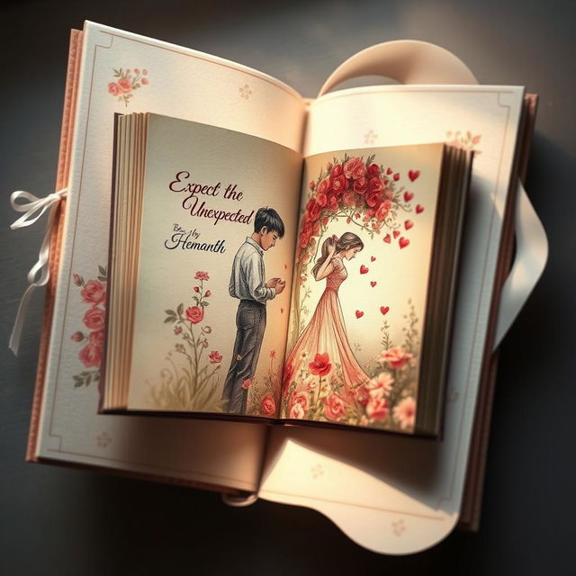 An artistic and intricate design portraying a 'book cover inside a book cover inside a book cover' for a love story titled 'Expect the Unexpected' by Hemanth