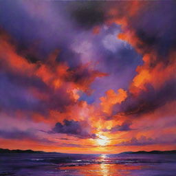 A vibrant painting of a sky drenched in deep shades of orange and purple, making a breathtaking display of the evening sky.