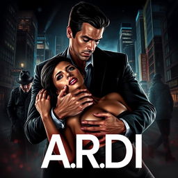 A mesmerizing dark romance book cover that features a wealthy, dominant man gripping a defenseless woman by the neck in a thrilling nighttime city backdrop