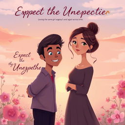 A beautifully illustrated scene representing a love story titled 'Expect the Unexpected', focusing on the concept of loving the same girl again and again across time