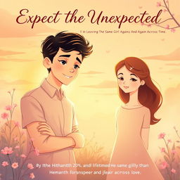 A beautifully illustrated scene representing a love story titled 'Expect the Unexpected', focusing on the concept of loving the same girl again and again across time