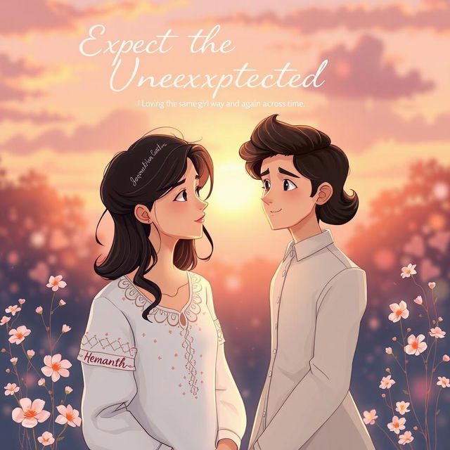 A beautifully illustrated scene representing a love story titled 'Expect the Unexpected', focusing on the concept of loving the same girl again and again across time