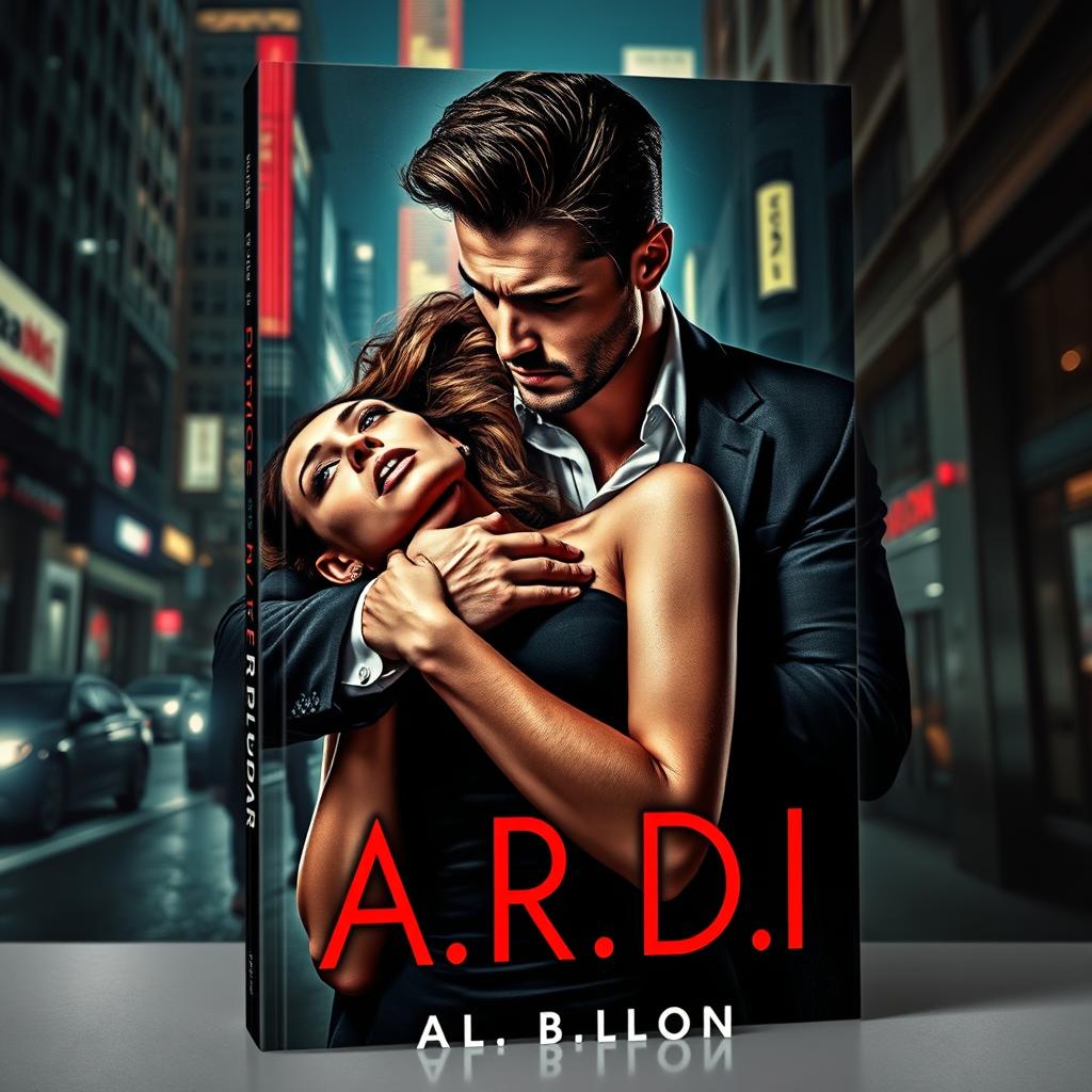 A captivating dark romance book cover that depicts a wealthy, dominant man forcefully holding a defenseless woman by the neck in a thrilling nighttime city environment