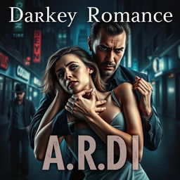 A captivating dark romance book cover that depicts a wealthy, dominant man forcefully holding a defenseless woman by the neck in a thrilling nighttime city environment